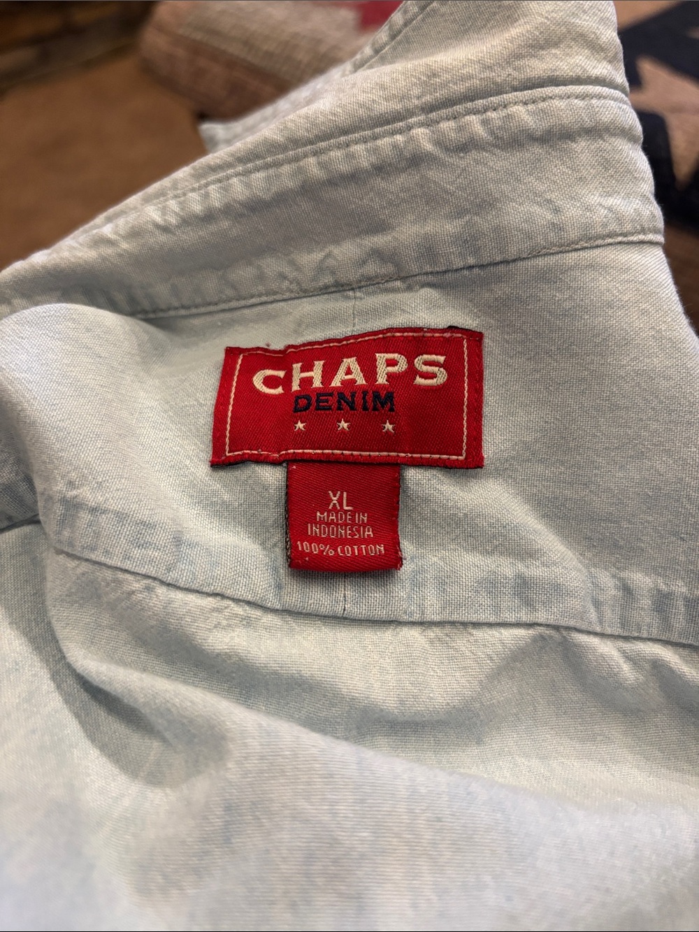 Chaps Light Blue Denim Shirt with Red Logo Patch